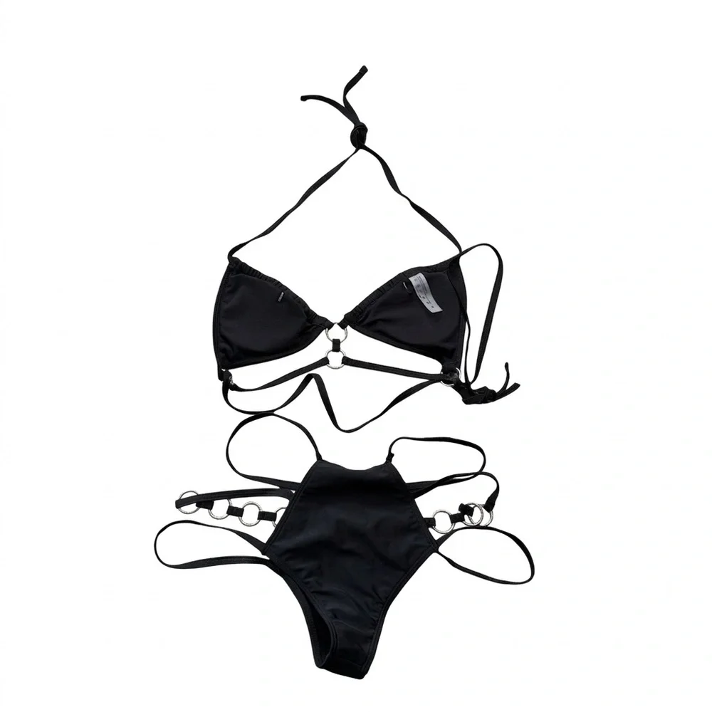 |NWOT| Black Strappy Ring Detail Bikini Set Goth Festival Swimwear Size M